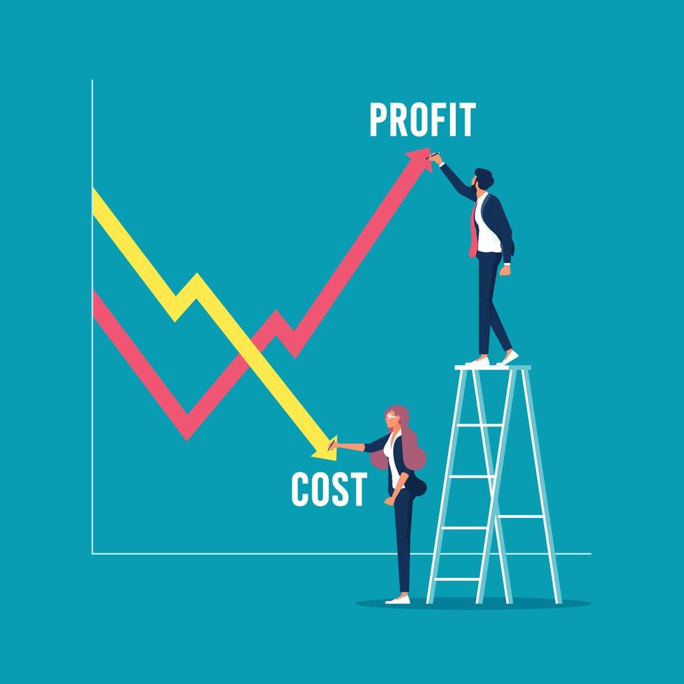 Gráfico de ganancias y costos de dibujo de empresario, concepto de vector de negocio de reducción de costos