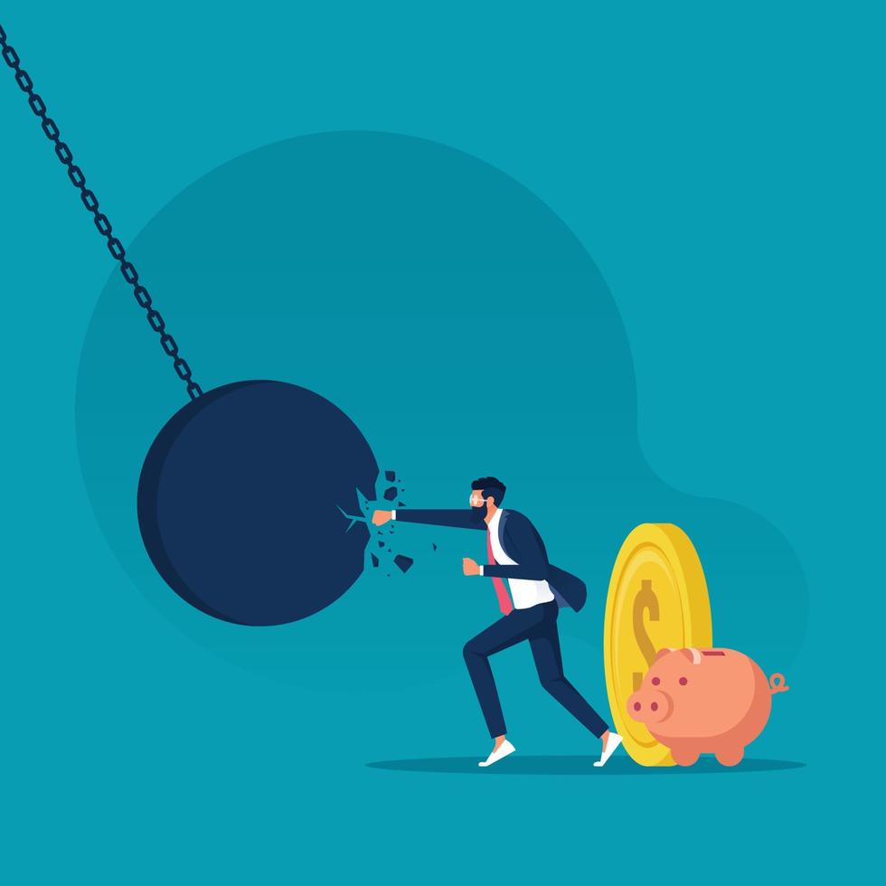 Businessman punching and breaking a huge wrecking ball, Crisis management and Problem solving concept vector