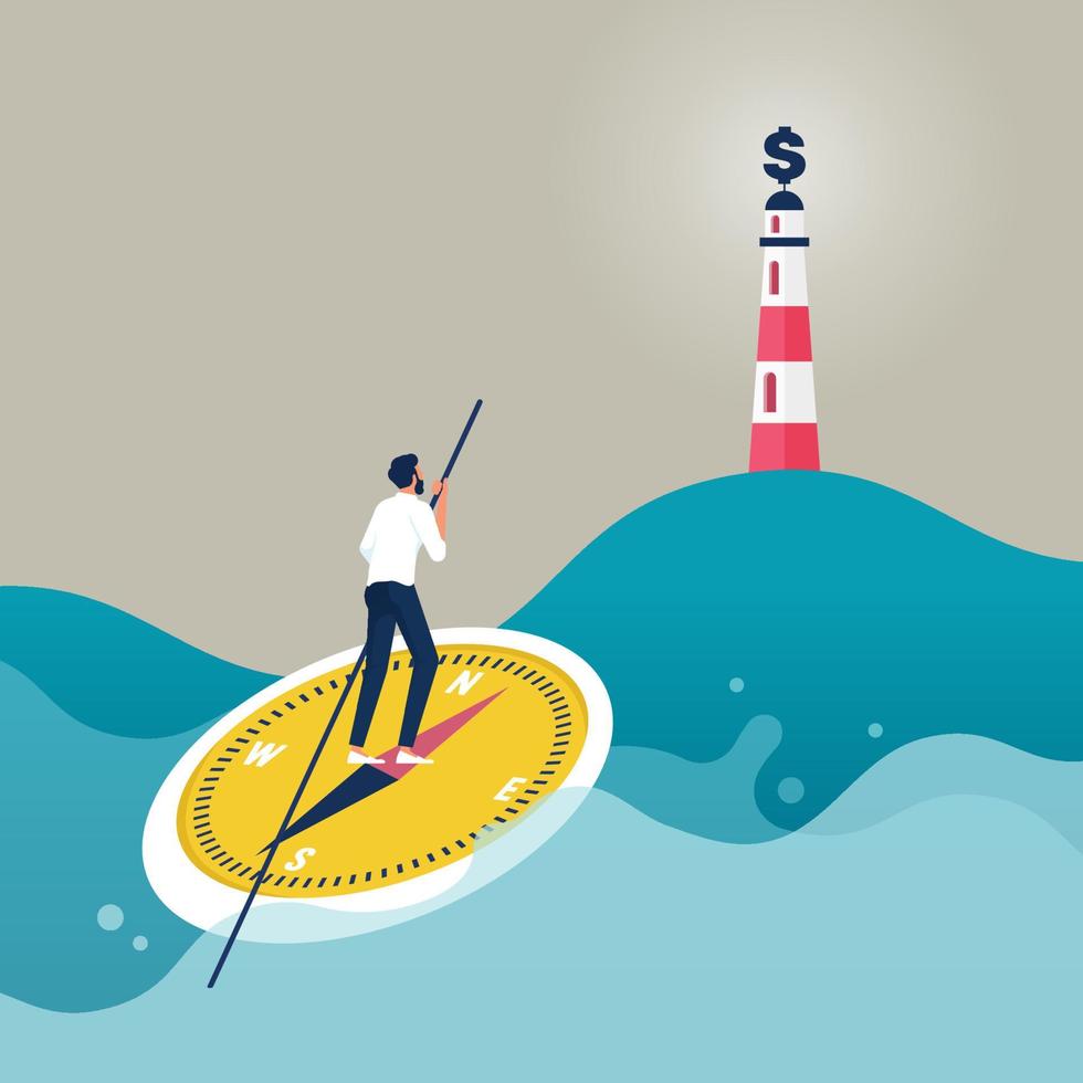 Businessman on compass boat representing path to success, Concept of career path and business direction, finding solutions, looking for opportunity vector