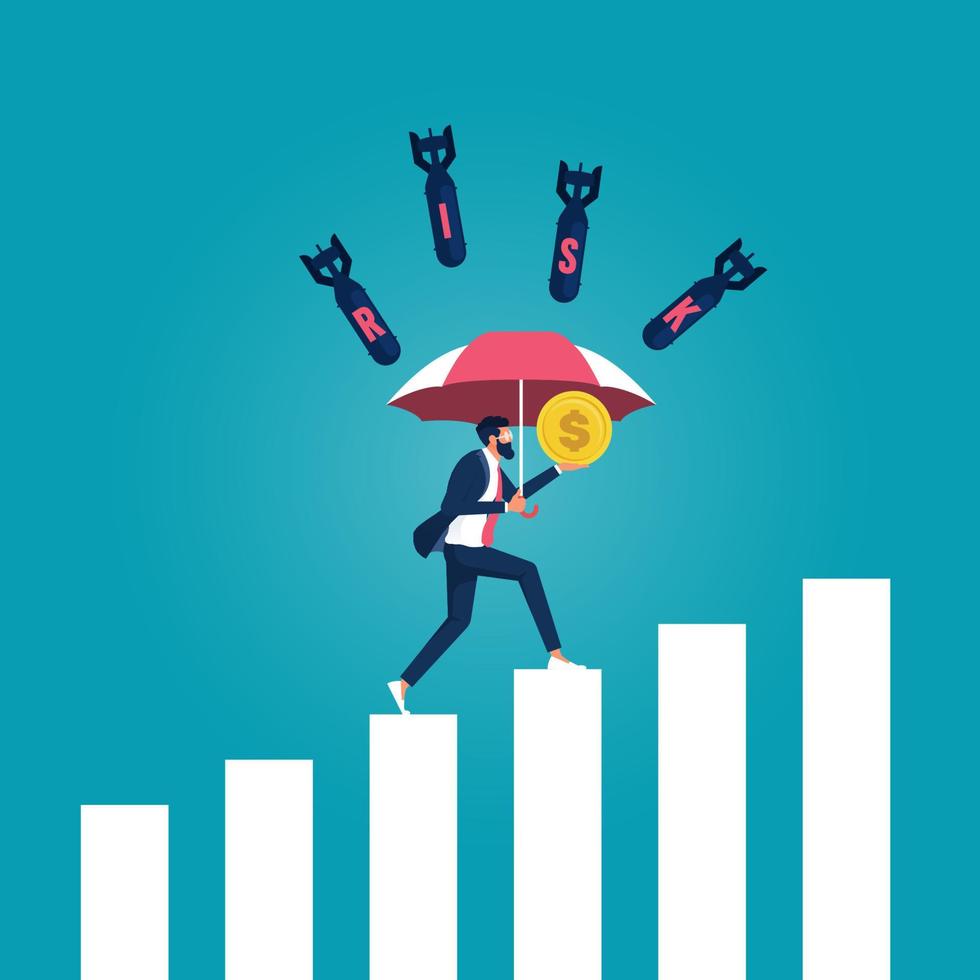 Businessman character holding an umbrella to protect himself and money against RISK words, Risk management concept vector