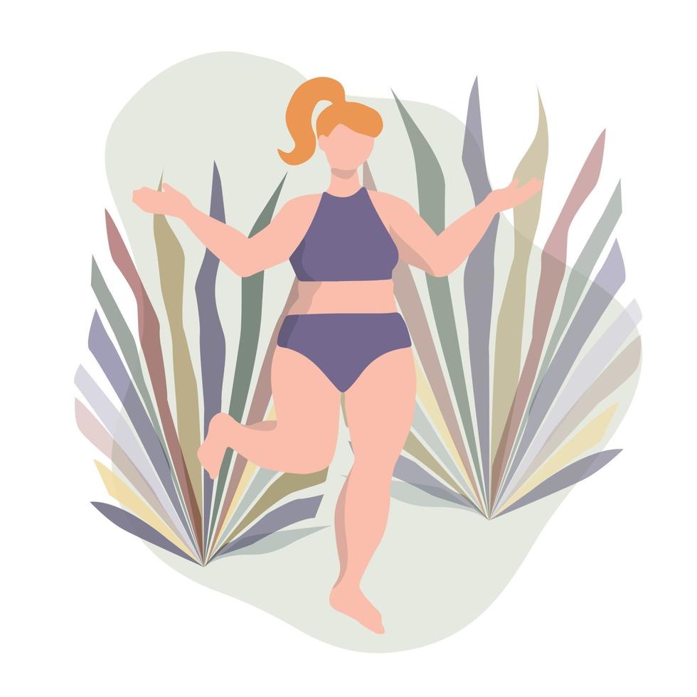 Curvy  female figure. Simple minimal design with plant leaves as a background. vector