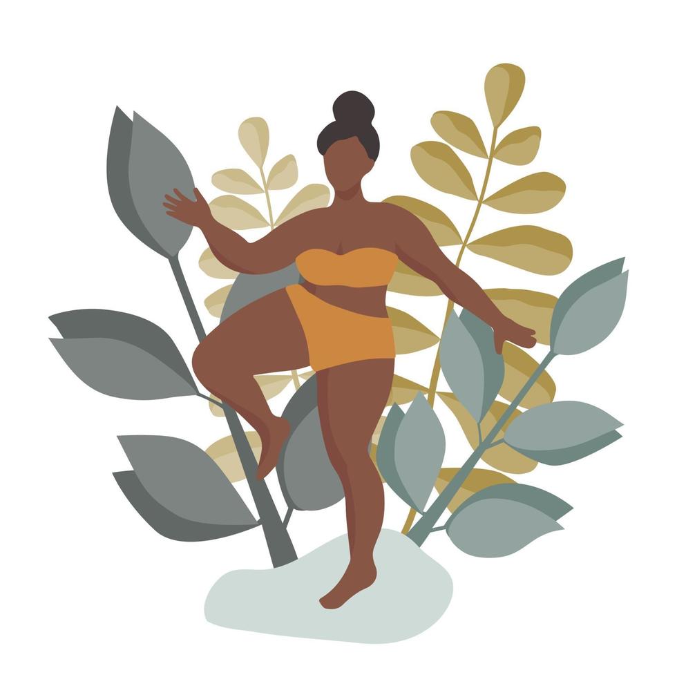 figura femenina con curvas. Ilustración de diseño plano mínimo simple con hojas de plantas como fondo. vector