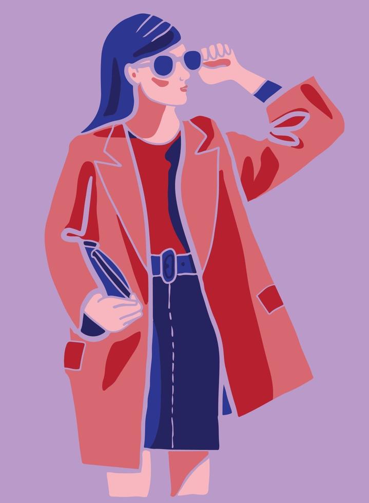 Businesswoman wearing red jacket and sunglasses, holding a document case. Flat minimalist vector illustration