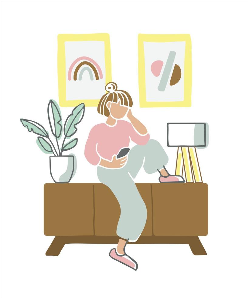 Female character using her phone in a home interior. Hand-drawn flat vector illustration