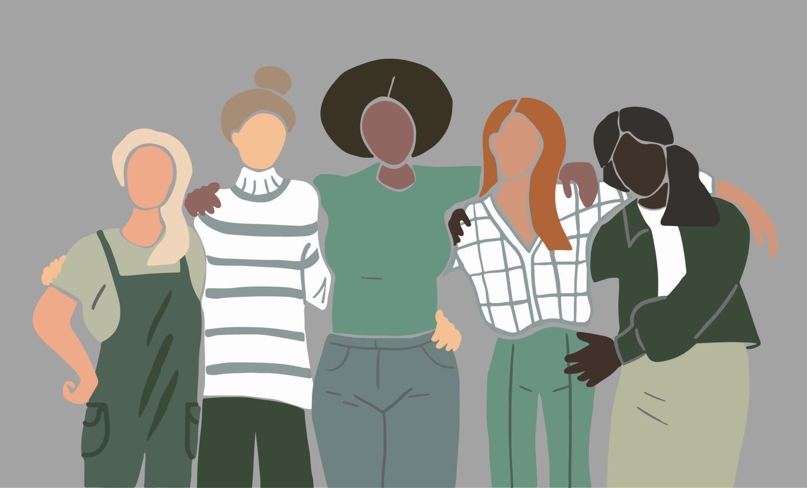 Group of five female friends with different skin tones and hair colors, various body types. Diversity concept. Minimal flat vector illustration