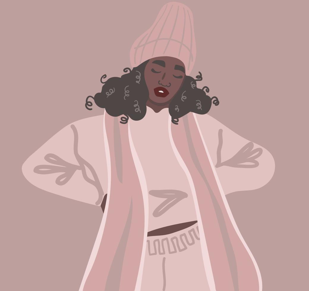 joven y bella mujer negra posando, vestida con sudadera con capucha rosa, bufanda y gorro. ilustración vectorial en estilo minimalista vector