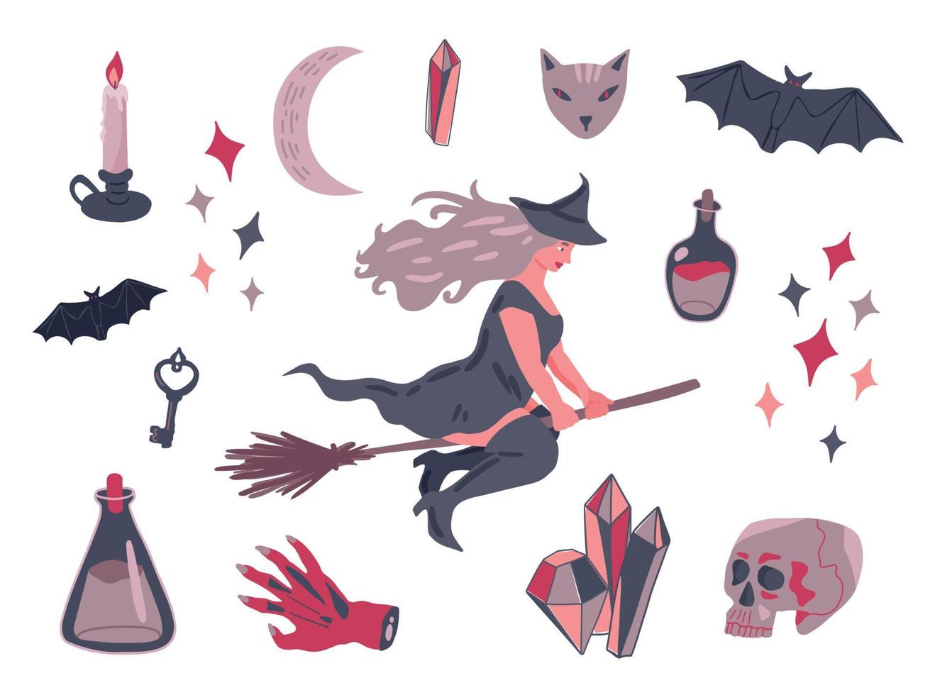 Set of hand drawn magic Halloween attributes. Witch flying on broom, candle, scull, crescent, crystals, bats and potions vector