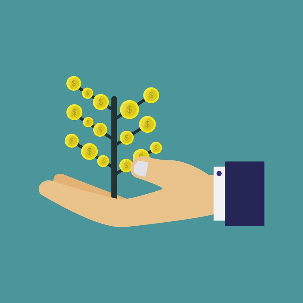 Plant with money in hand on background vector