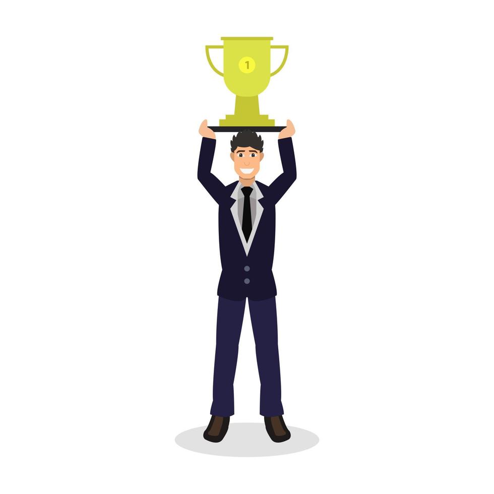 Man lifting trophy on background vector