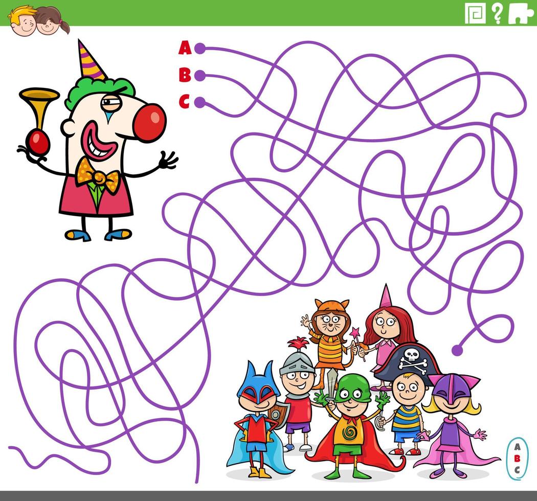 maze game with cartoon clown and children vector
