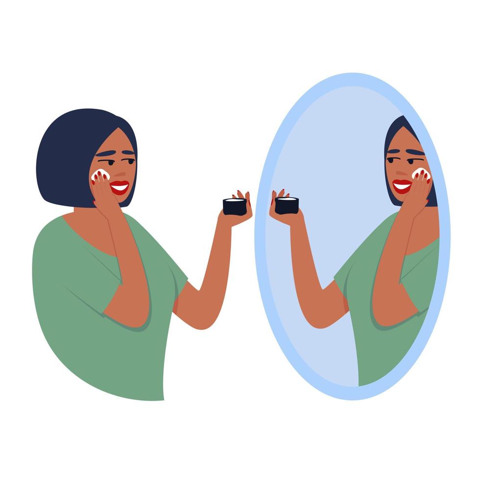 Woman applies cream to her face while looking in the mirror vector