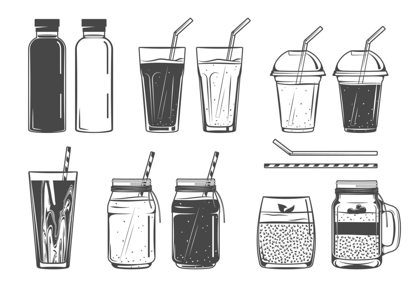 Smoothie, fresh juice, chia pudding icons vector