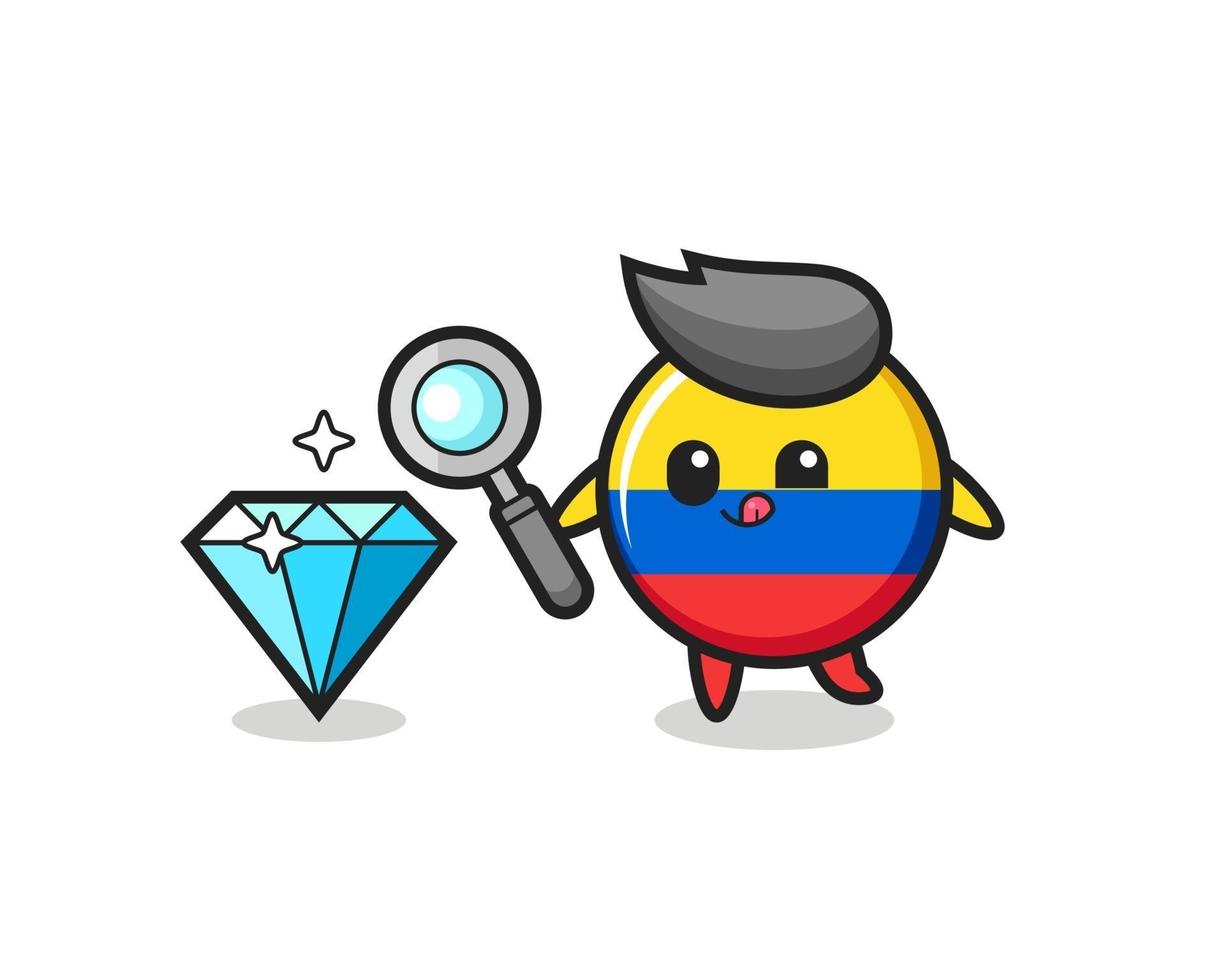 colombia flag badge mascot is checking the authenticity of a diamond vector