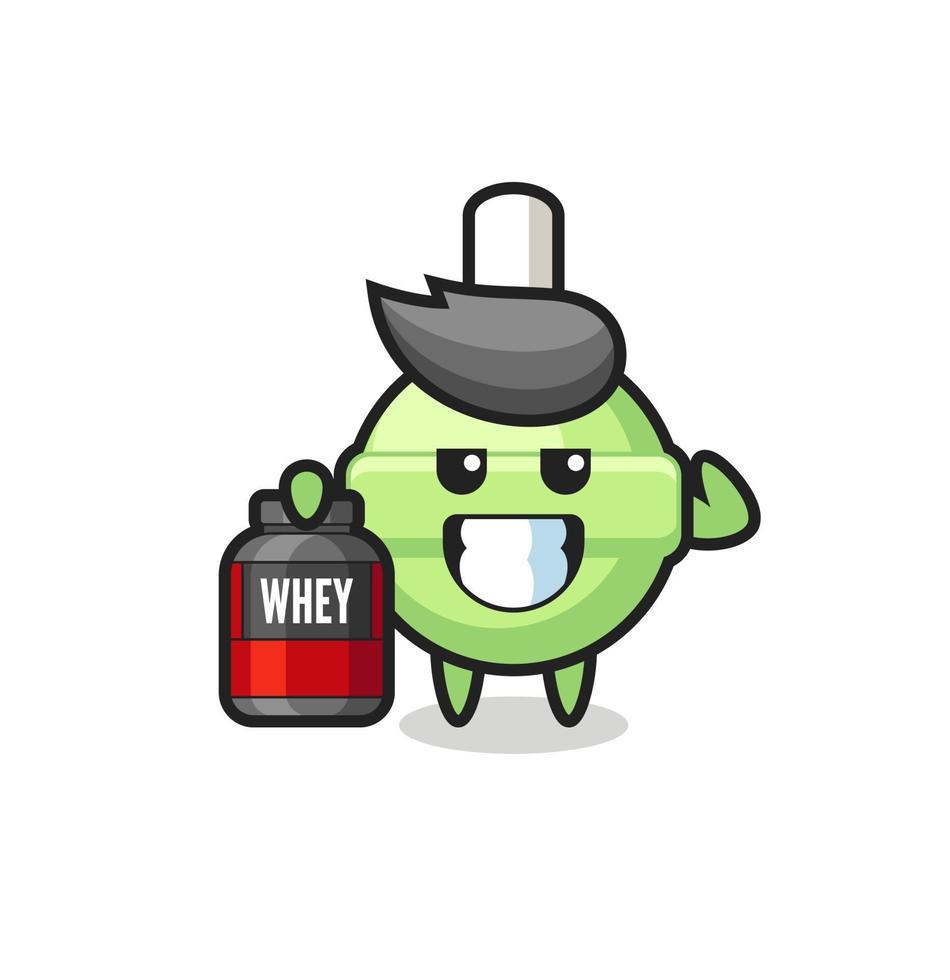 the muscular lollipop character is holding a protein supplement vector