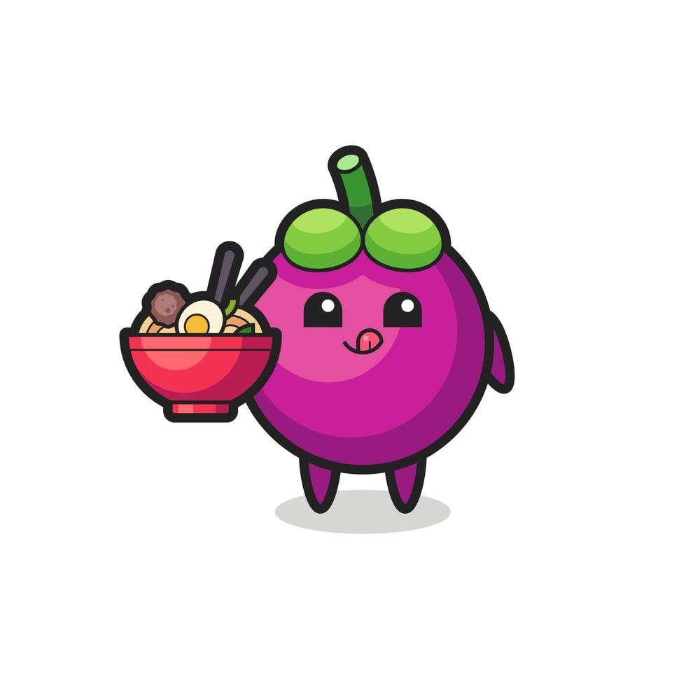 lindo personaje de mangostán comiendo fideos vector