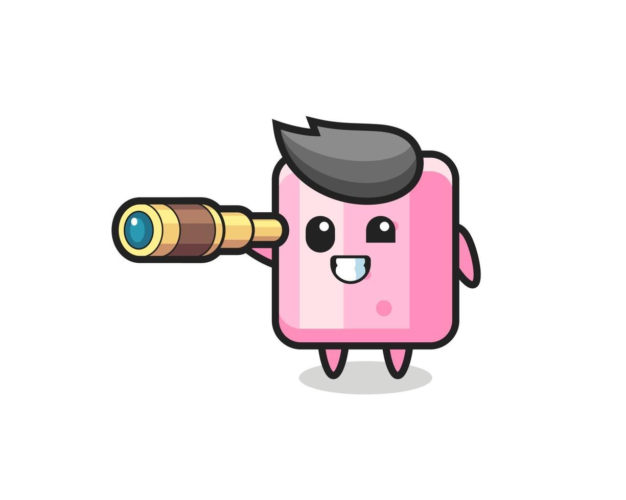 cute marshmallow character is holding an old telescope vector