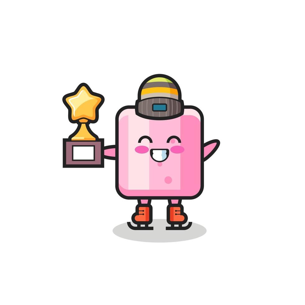 marshmallow cartoon as an ice skating player hold winner trophy vector