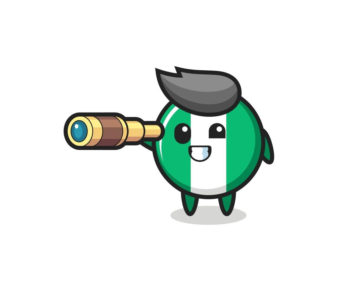 cute nigeria flag badge character is holding an old telescope vector