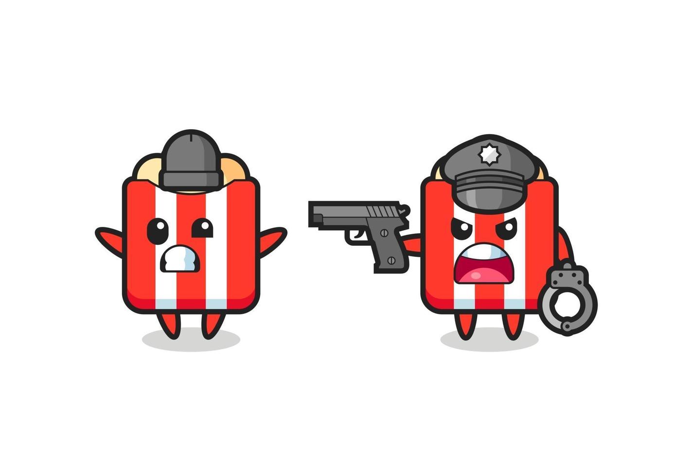 illustration of popcorn robber with hands up pose caught by police vector