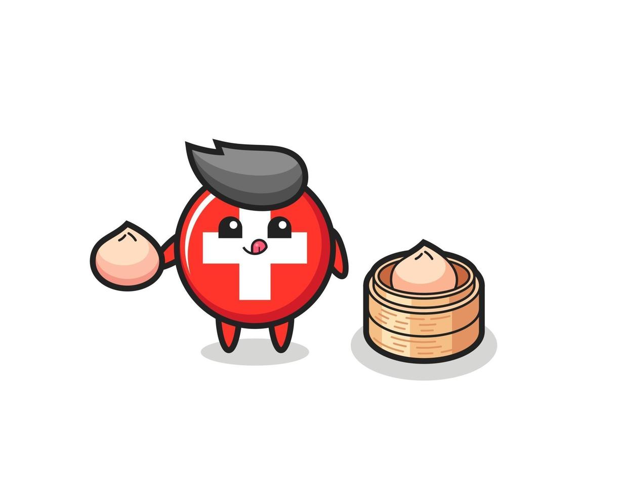 cute switzerland flag badge character eating steamed buns vector