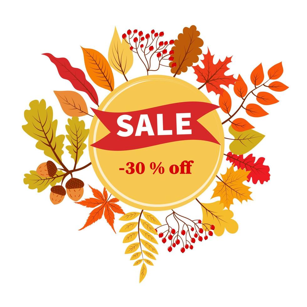 Autumn sale 30 percent discount vector banner with foliage.