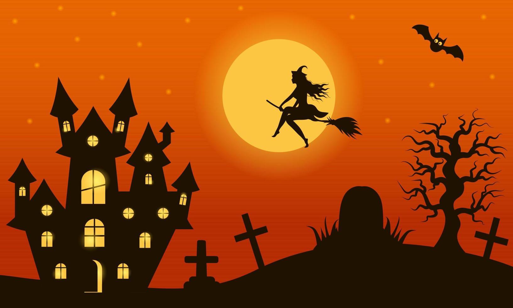 Halloween night landscape with witch vector