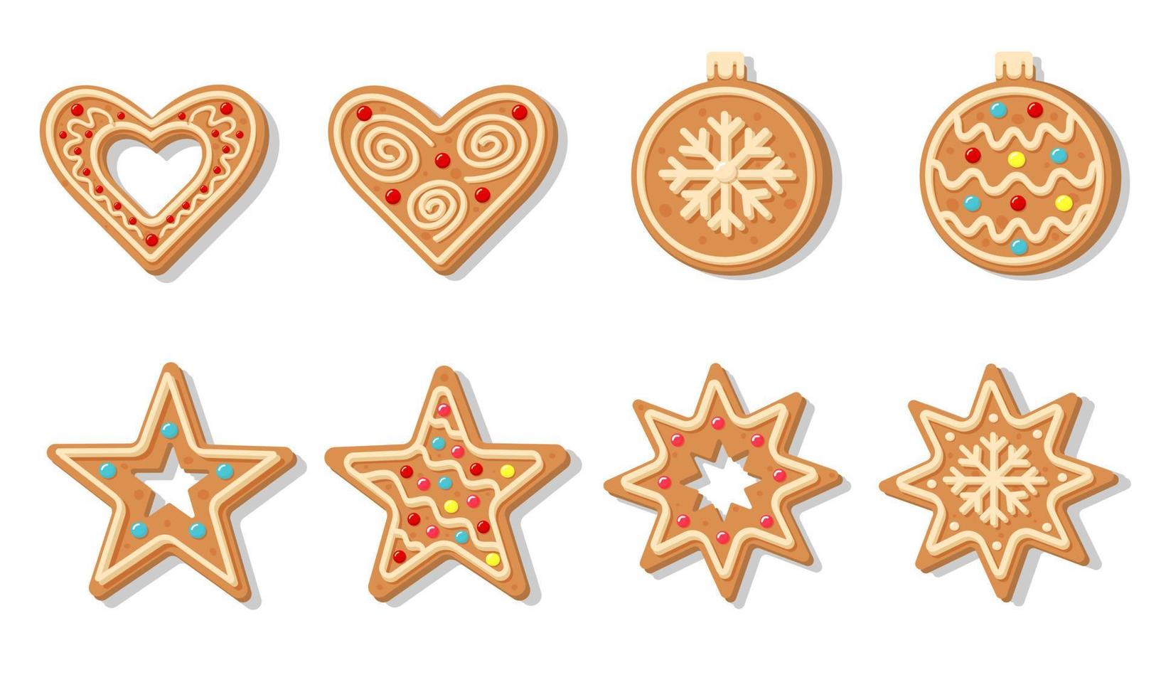 Galletas de jengibre navideñas en forma de bola navideña, copo de nieve, estrella y corazón. vector