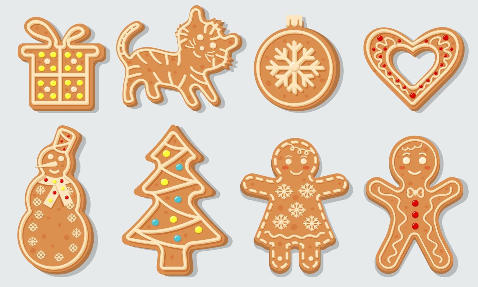 Christmas gingerbread cookies in the shape of Christmas ball, Christmas tree, tiger, heart, snowman, gift and gingerbread men. vector
