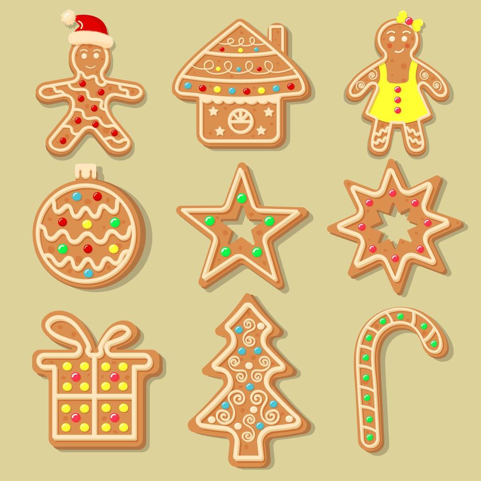 Christmas gingerbread cookies in the shape of Christmas ball, Christmas tree, candy, star, house, snowflake, gift and gingerbread men. vector