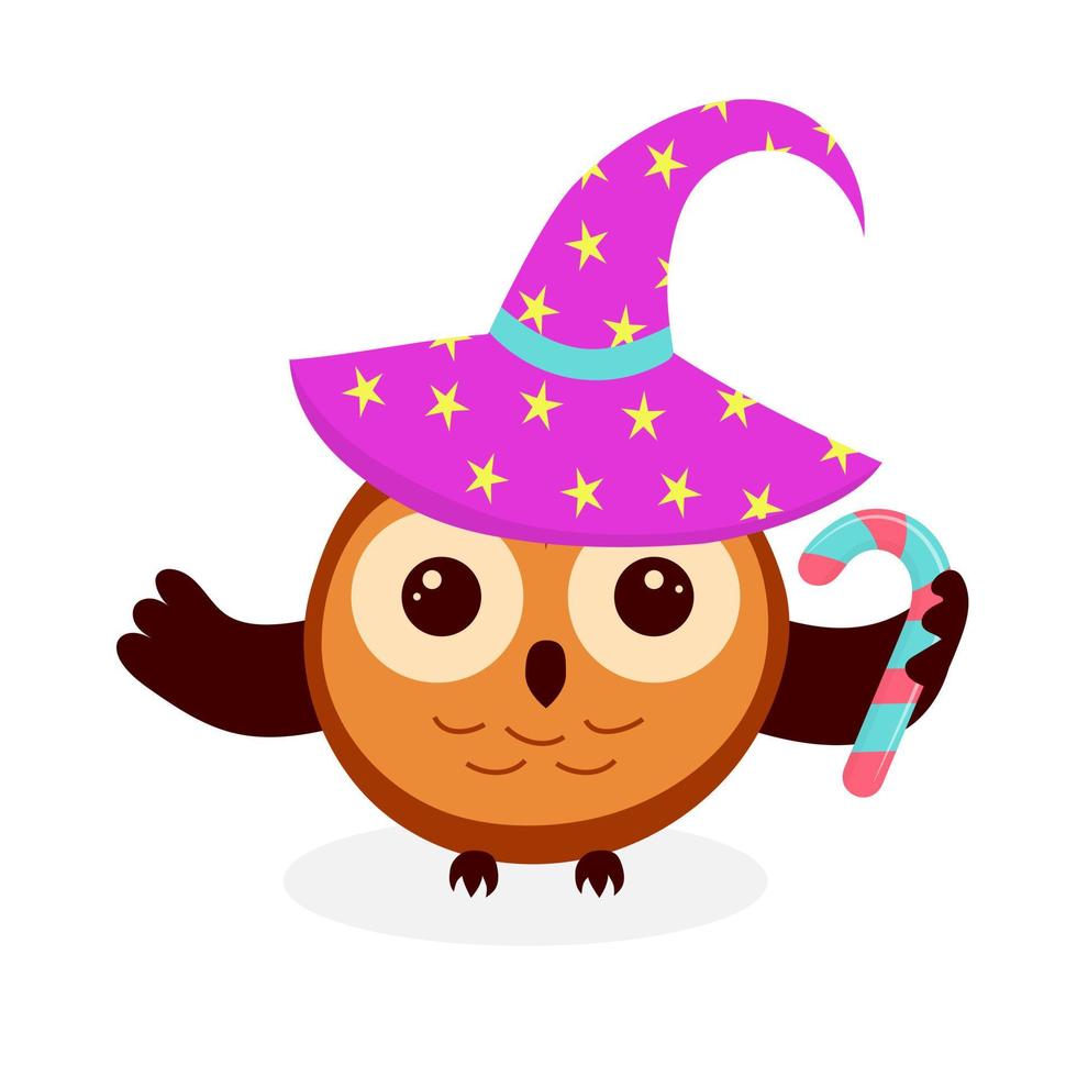 Cute owl in witch hat with candy. Happy Halloween symbol. vector
