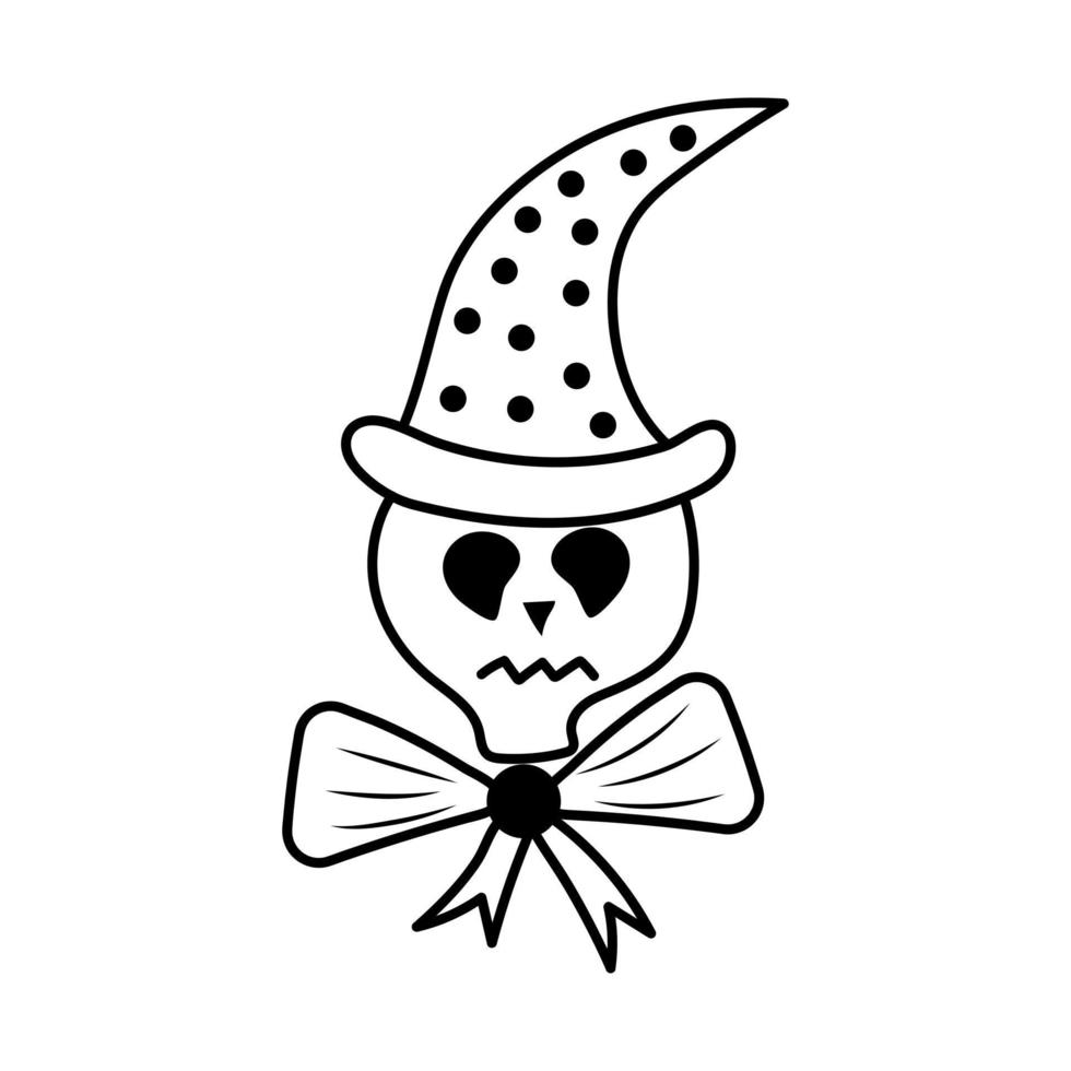 Halloween skull in a magic hat and with a bow in doodle style. vector