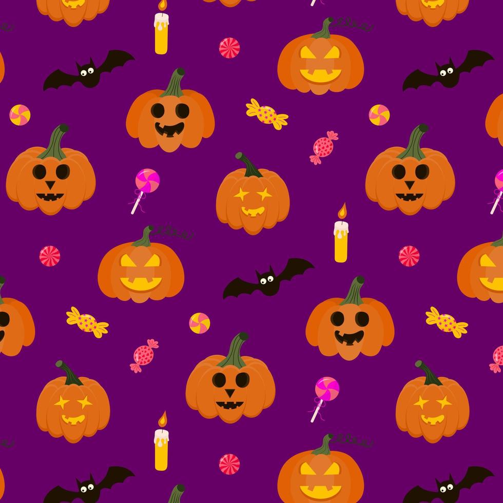 Seamless Halloween Pattern with pumpkins, candy, bat and candle. vector