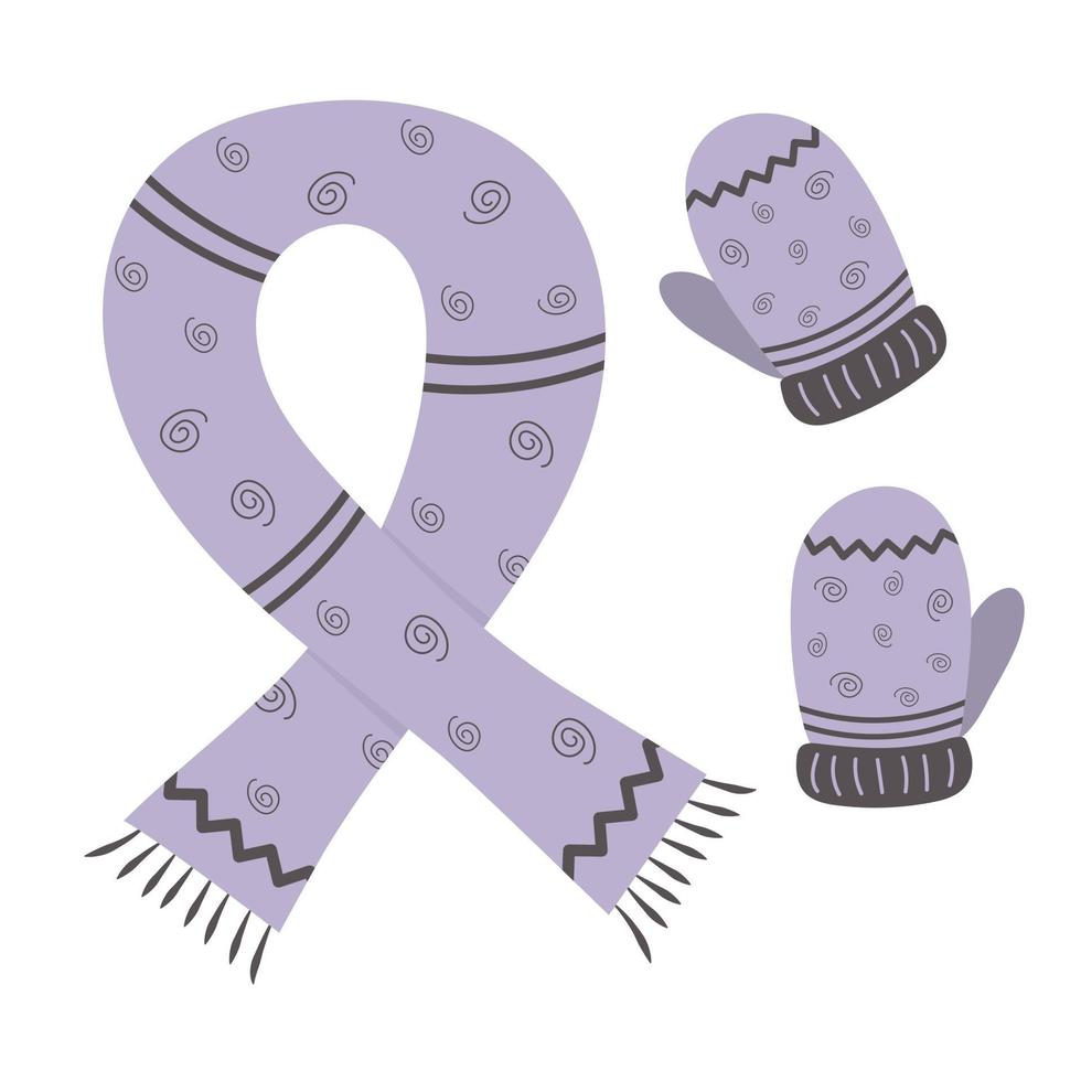 Scarf with mittens. Warm winter accessories with ornament. vector