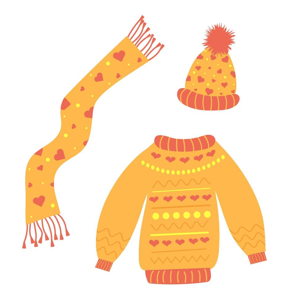 Sweater, hat and scarf. Warm knitted clothes for autumn and winter. vector