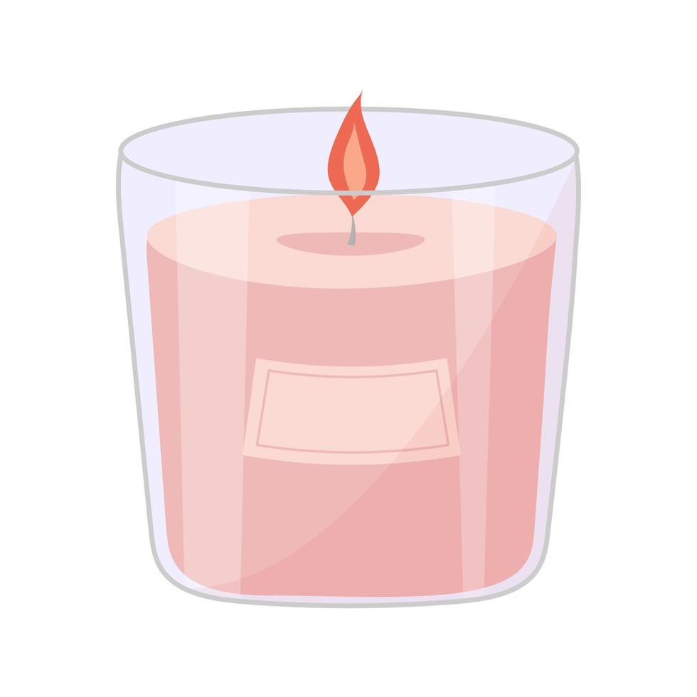 Aromatic candle in glass jar with burning flame light for aromatherapy. Cute hygge home decoration, holiday decorative design element. vector