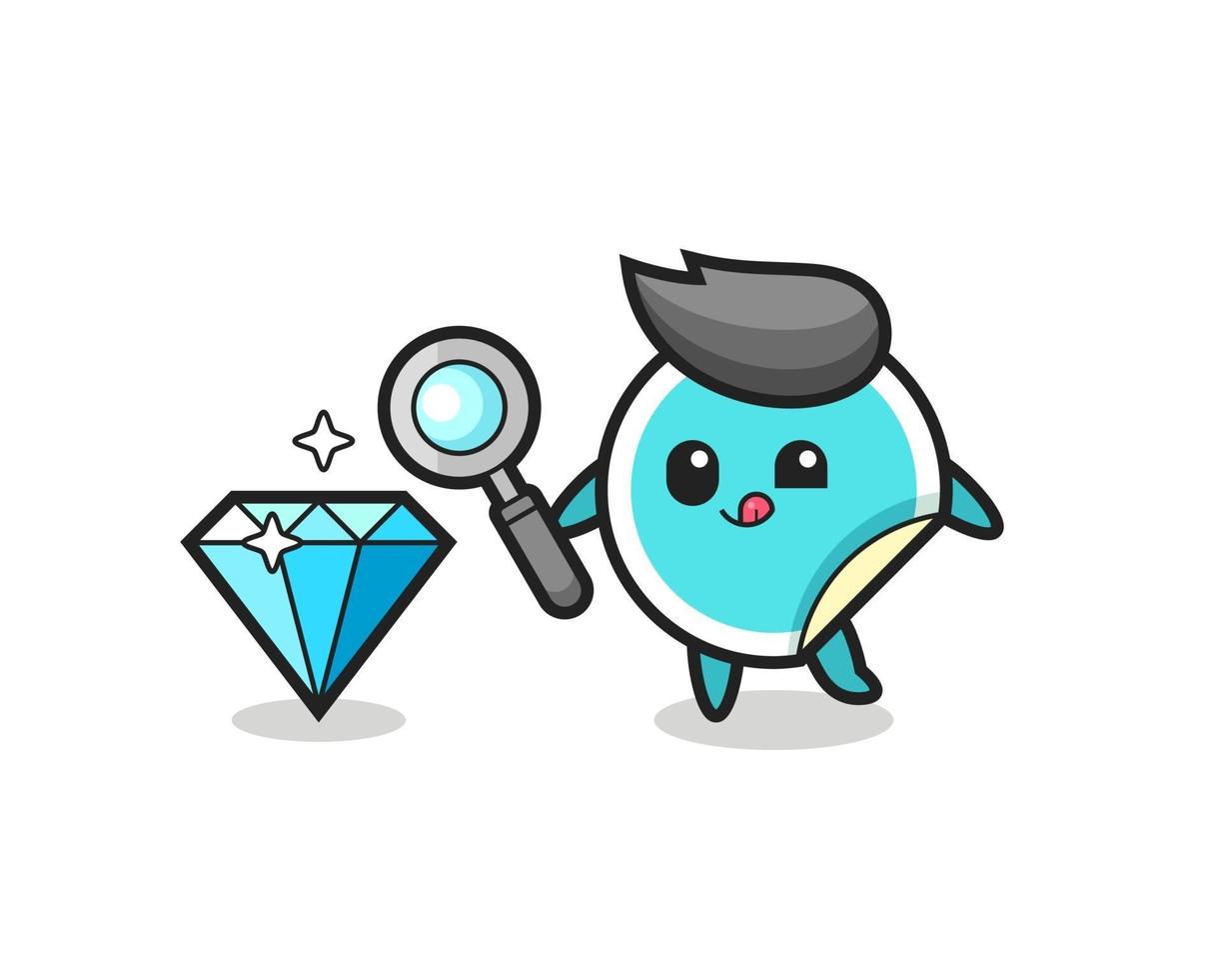 sticker mascot is checking the authenticity of a diamond vector