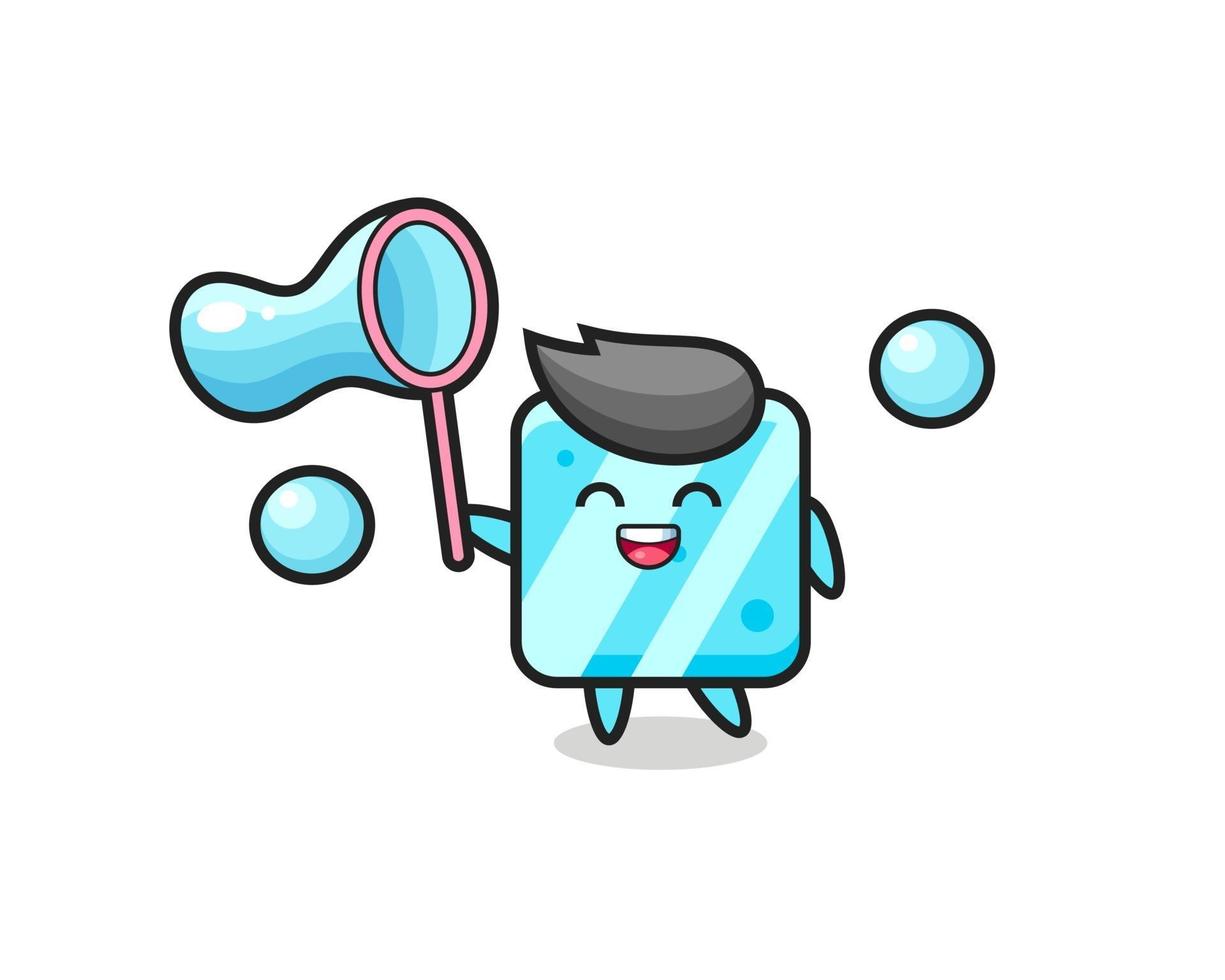happy ice cube cartoon playing soap bubble vector