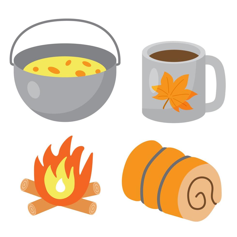 Set of touristic and camping equipment. Food pot, metallic cup or mug with tea, bonfire and sleeping bag. Things for active vacations. Luggage icons for travel, journey and hike vector