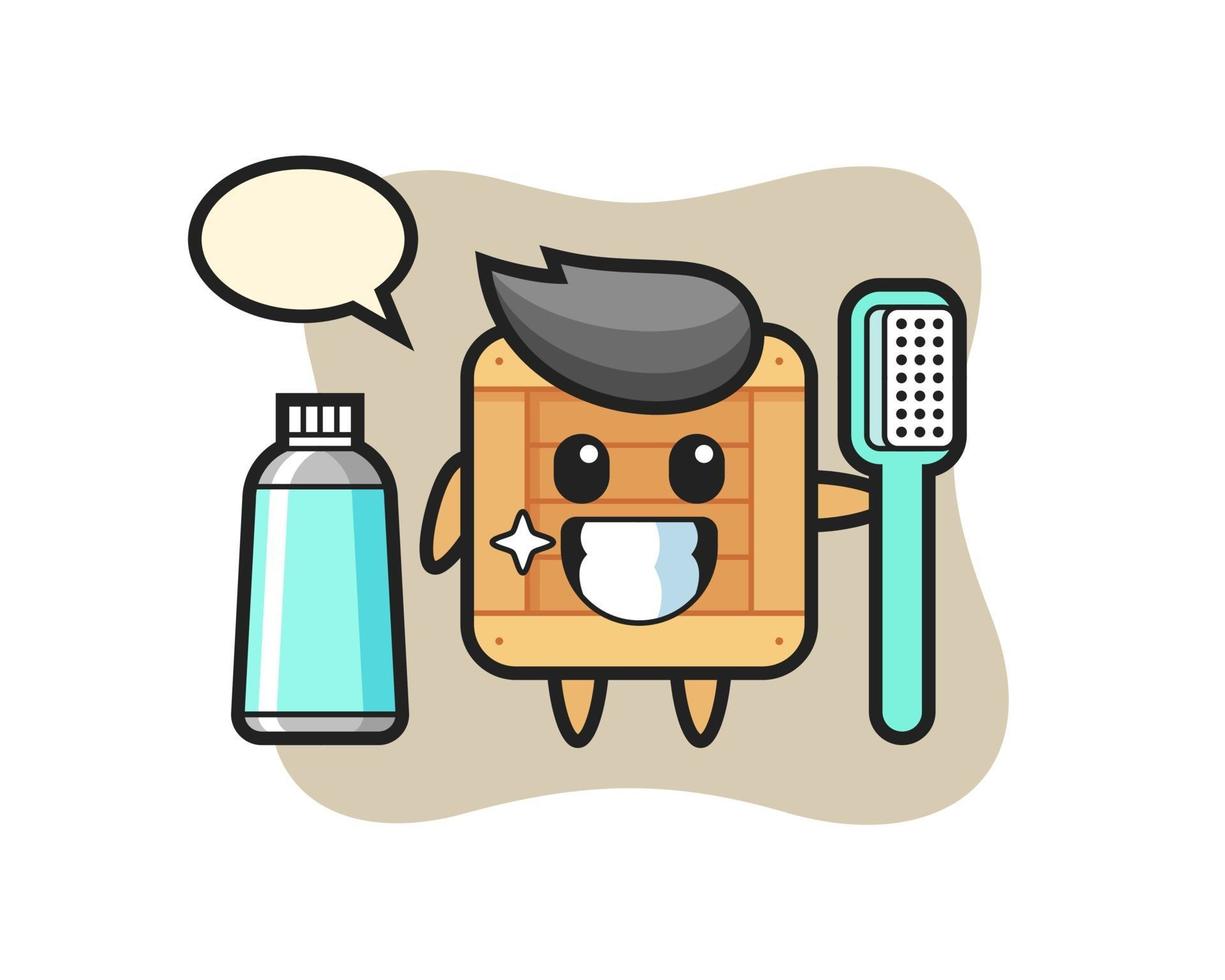 mascota, ilustración, de, caja de madera, con, un, cepillo de dientes vector