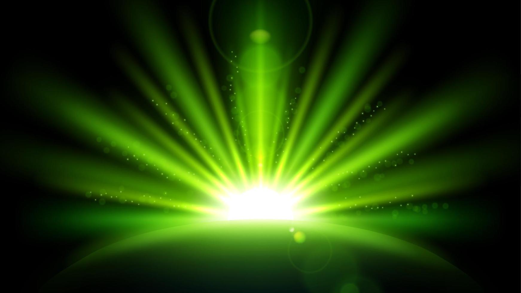 Green Rays with Lens Flare isolated on Black Background. Widescreen Resolution Vector Illustration