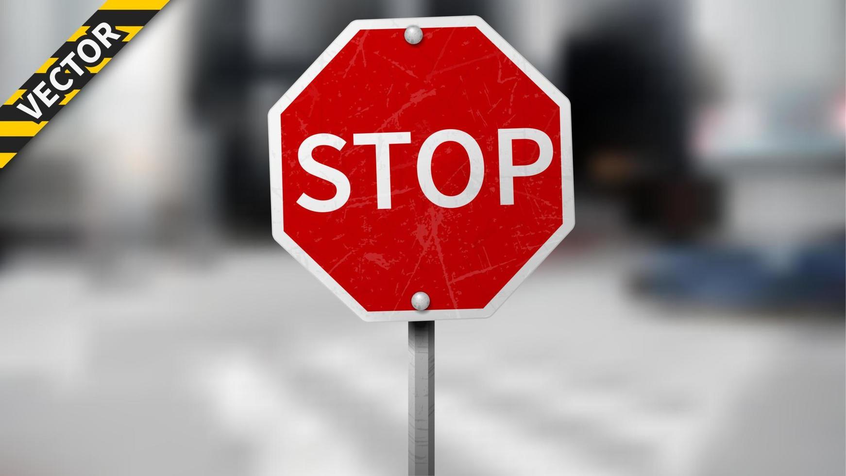 Stop traffic sign, red road sign on blurred traffic background, isolated and easy to edit. Vector Illustration