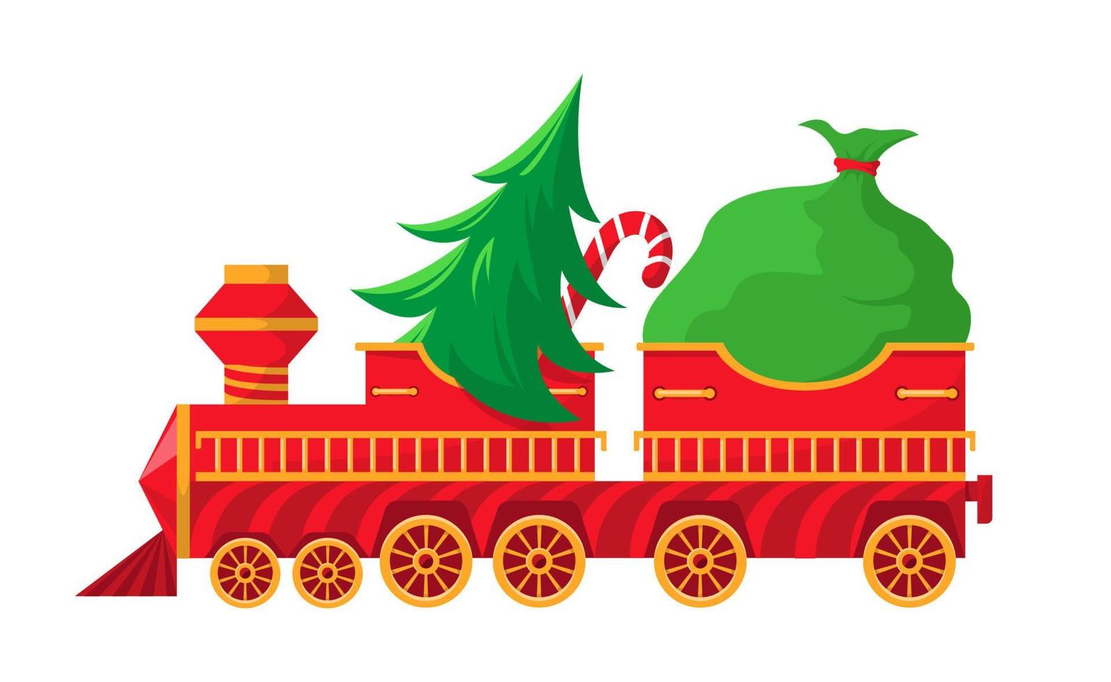 tren de navidad con regalos y árbol. Bolsa grande con regalos para niños en el vagón. aislado sobre fondo blanco. vector