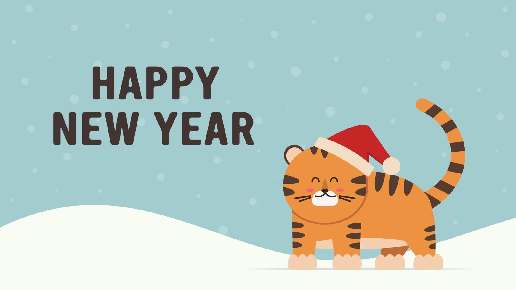 Cute little tiger character in flat style. Zodiac symbol of the Chinese New Year 2022. Merry Christmas. For banner, postcard, brochure decor template. Vector illustration.