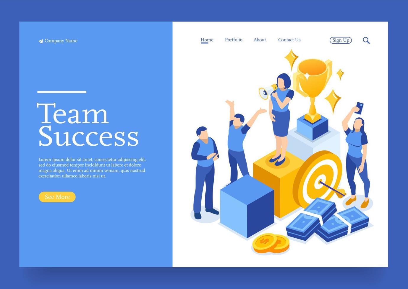 Win isometric winner business success and achievement concept with characters Premium Vector