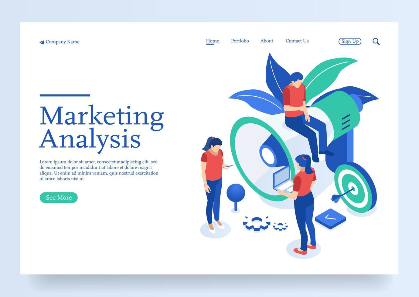 Isometric team of specialists working on digital marketing strategy landing page digital marketing Premium Vector