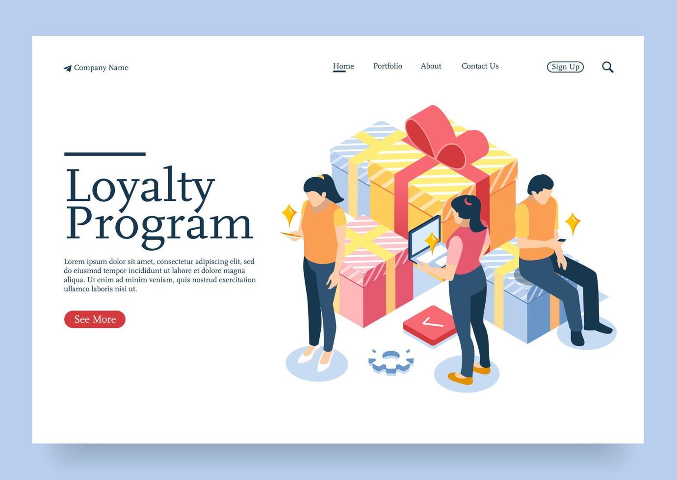 Digital design isometric concept set of 3d icons for loyalty program with characters Premium Vector
