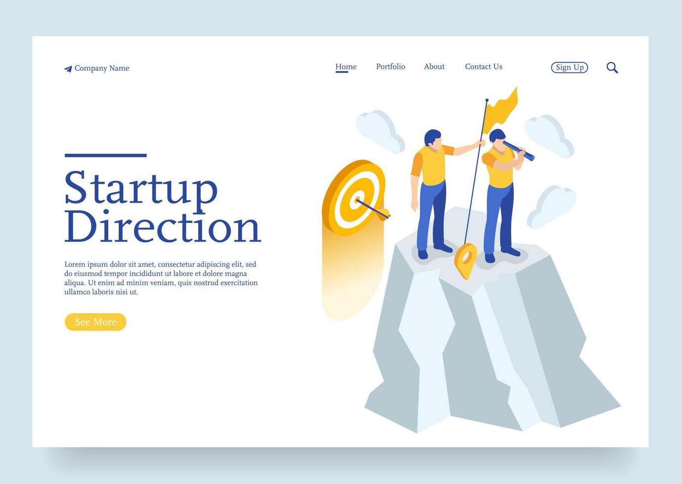 Isometric define startup business direction and search customer global network concept Premium Vector