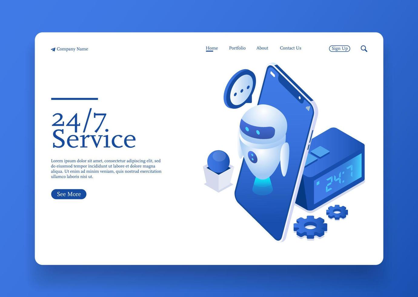 247 service round nonstop customer support isometric concept with ai robot Premium Vector