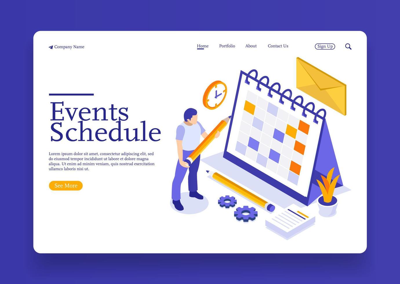 A man with isometric online business schedule planning schedule news reminder and events concept Premium Vector