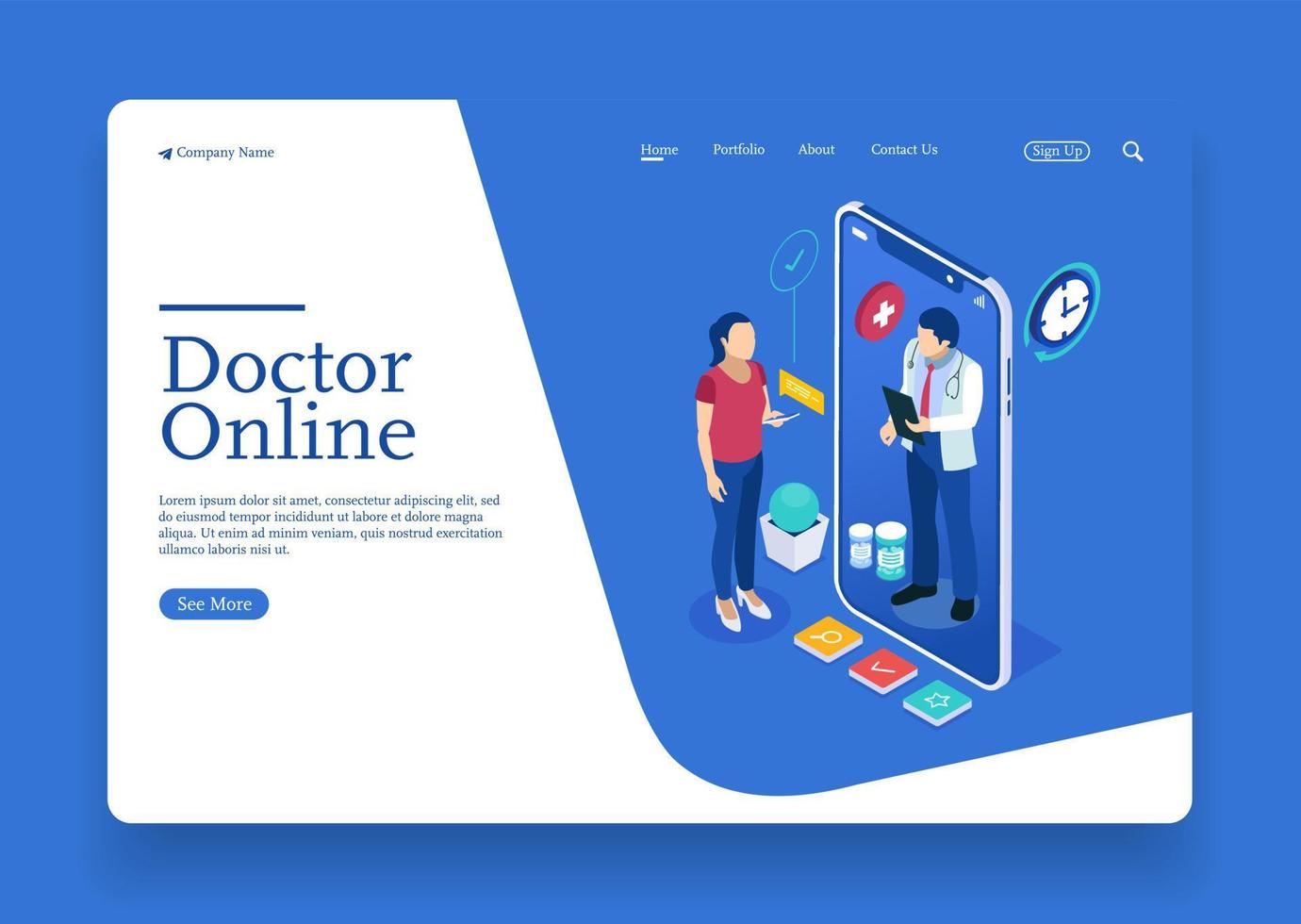 A woman talk to doctor about medical health online isometric concept with character Premium Vector